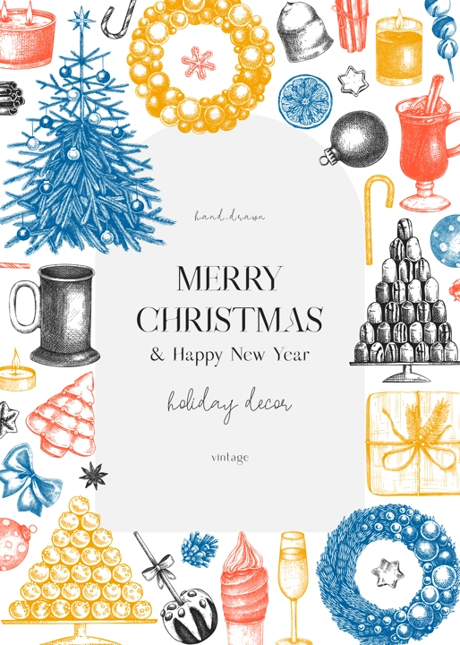 Christmas card design. Hand drawn vector illustration. Winter holiday background. Christmas tree decoration, Christmas wreath, hot dinks, sweets and gift sketches in color